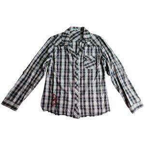 Maurices Women's Plaid Black/White/Red Button Up With Roll Up Sleeves XL X-Large